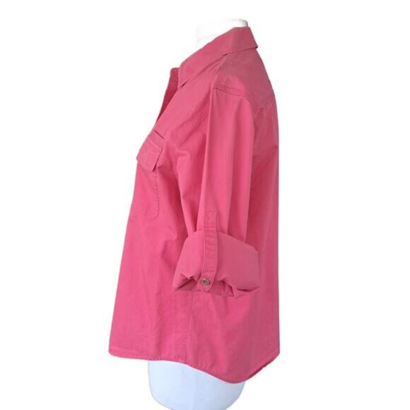 LAUREN Pink Button Down Camp Shirt Large Cotton Roll Tab Sleeve Pockets - Picture 5 of 11